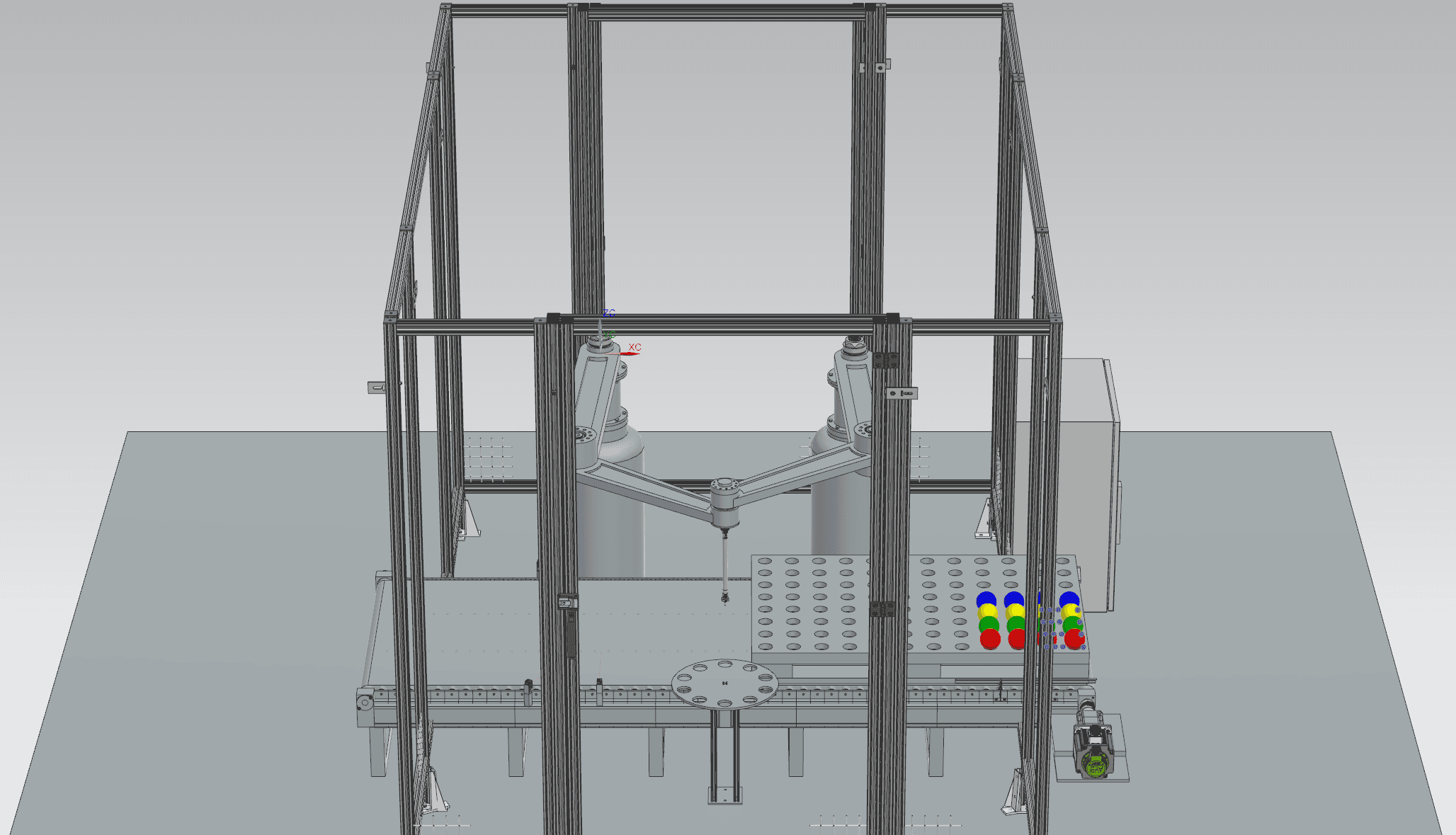 SCARA arm front view, parallel arms above conveyor and indexing table