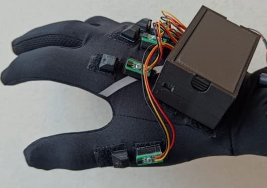 Data glove back view, showing PCB and wiring